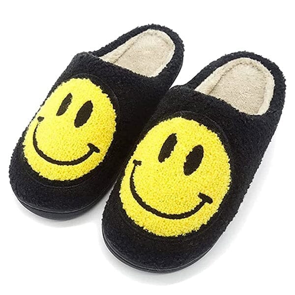 Black & Yellow Smiley Slippers - Indoor/Outdoor Comfort
